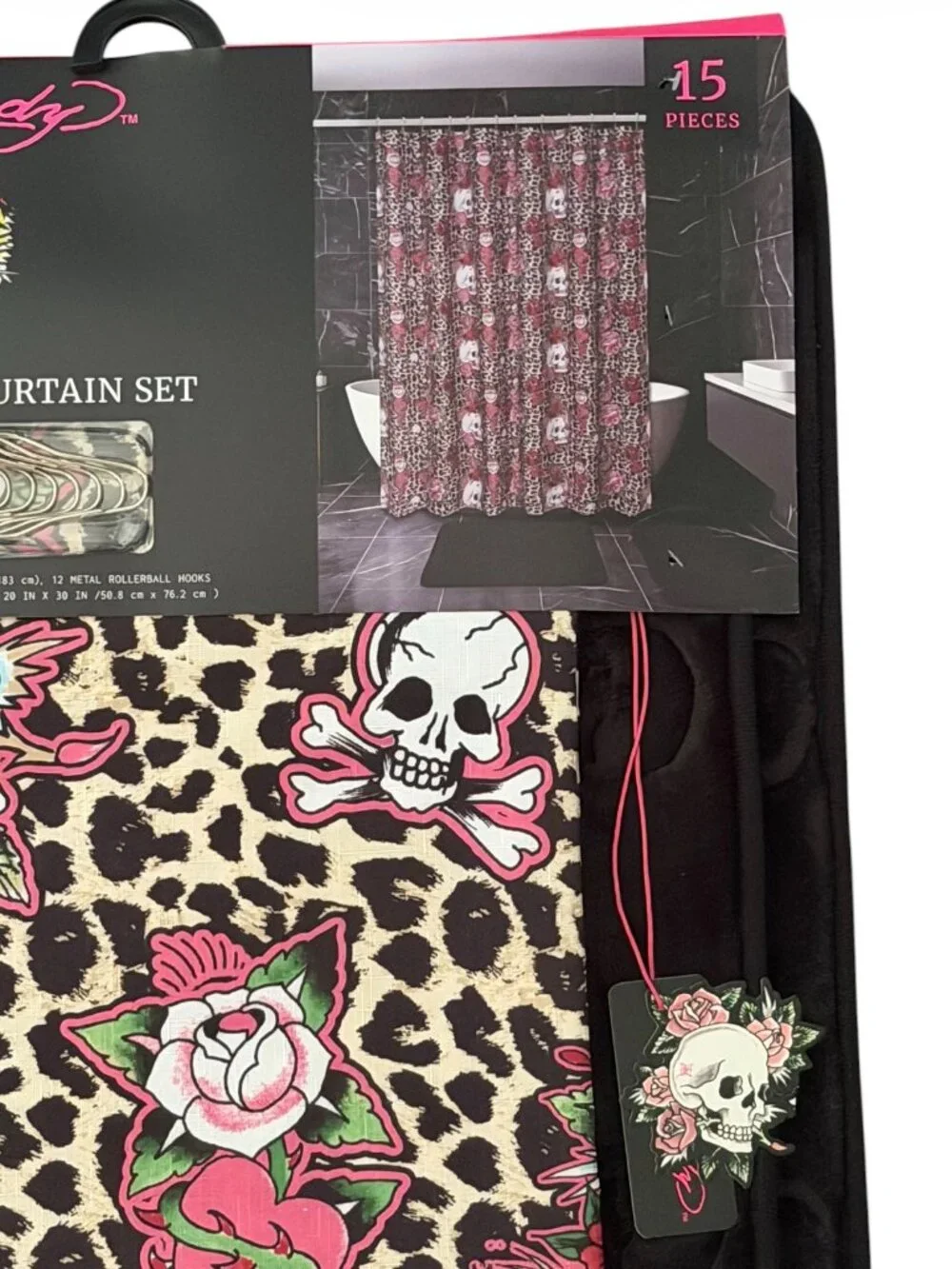 Ed Hardy Leopard / Black Shower Curtain Set with Bath Rugs | NEW